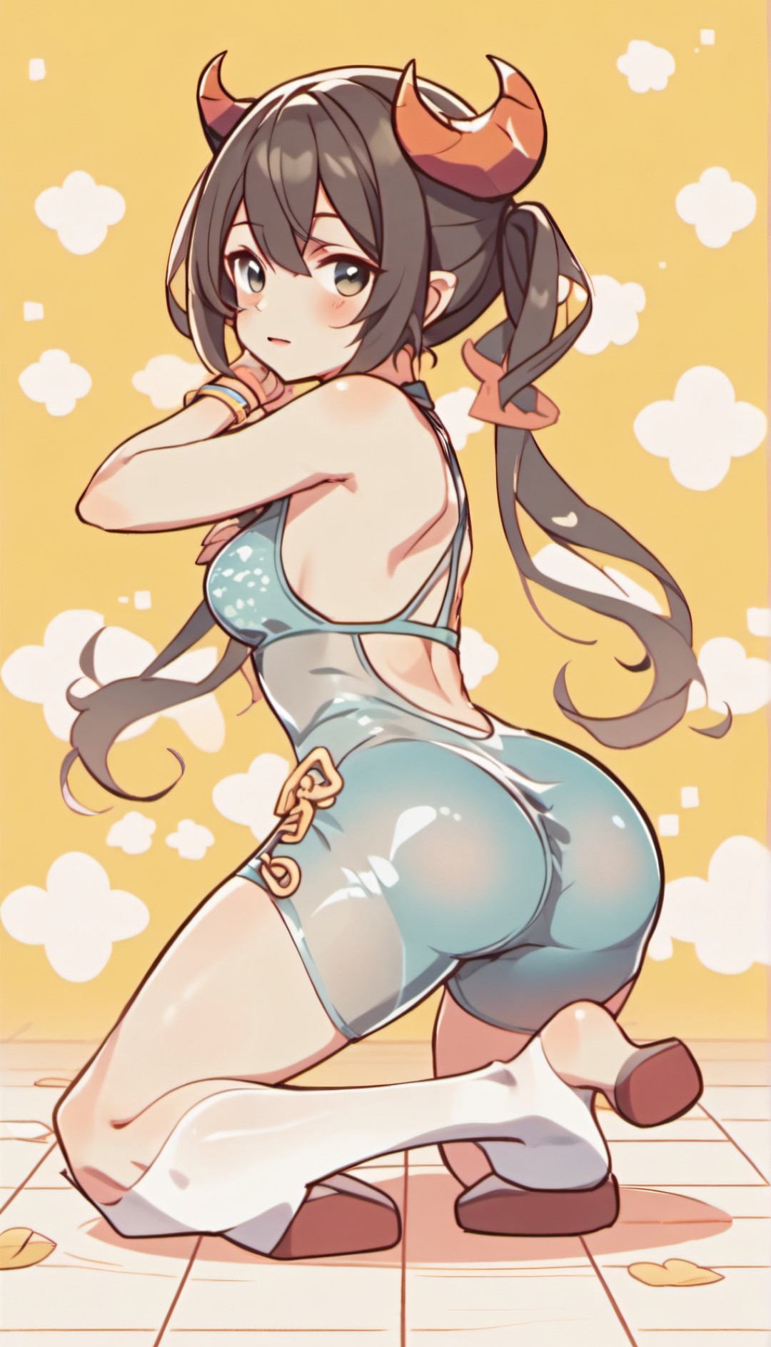 ai_generated ass ass_focus blue_clothing blush blushing_at_viewer bra butt_focus cute deformed deformed_legs female female_focus female_only light_blush solo succubus succubus_horns transparent_clothing