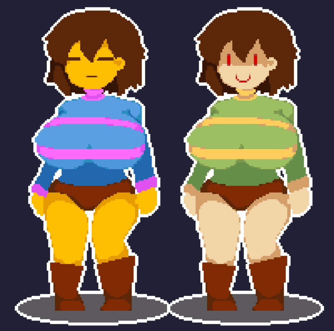 2d, 2girls, big breasts, boots, breasts, brown hair, chara, chara (undertale), female, female chara, female frisk, female only, frisk, frisk (undertale), human, human female, human only, pixel art, red eyes, short shorts, similar looking, small waist, sweater, turtleneck sweater, undertale, undertale (series)