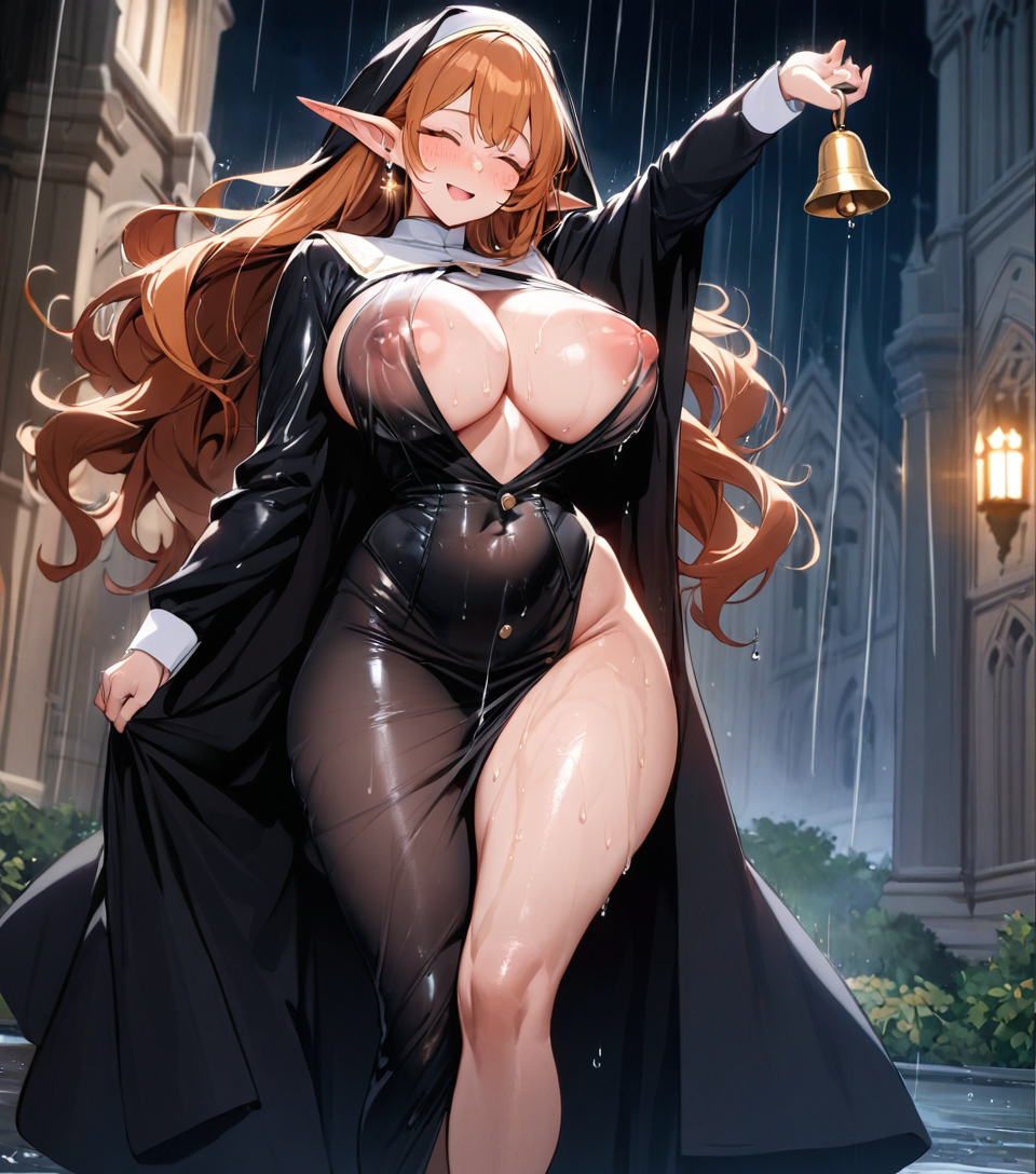 ai_generated ai_hands bare_thighs bell big_breasts big_nipples bimbo bimbo_body blush breasts breasts_bigger_than_head church closed_eyes curvy curvy_body curvy_female curvy_figure detailed_background elf elf_ears elf_female freckles ginger_hair green_eyes highleg_panties huge_breasts huge_nipples large_breasts long_hair looking_forward massive_breasts navel night nipples nun open_mouth original_character raining raised_arm sister_catherine_(starlightnex) starlightnex thick thick_hips thick_legs thick_thighs transparent_clothing visible_nipples wet wet_body wet_clothes wet_skin