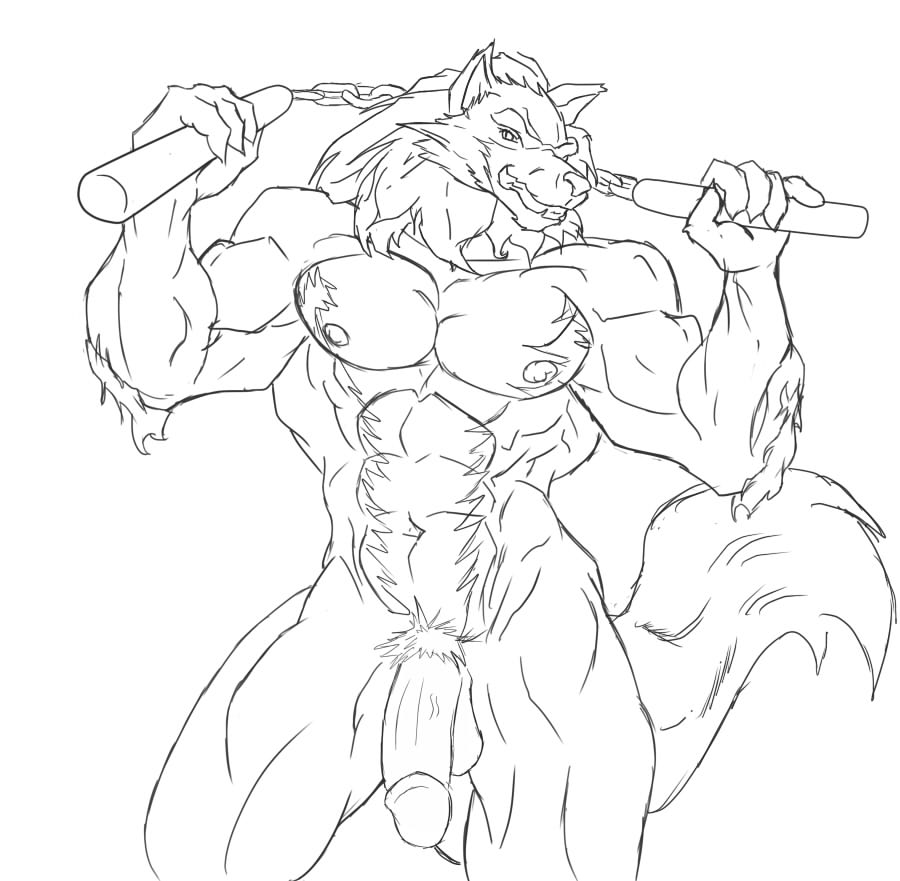 1boy abs anthro balls biceps canine capcom cyran darkstalkers fur gallon humanoid_penis jon_talbain male male_only mammal melee_weapon muscular muscular_male naked nipples nude nunchaku pecs penis sketch solo standing teeth vein video_games weapon wolf