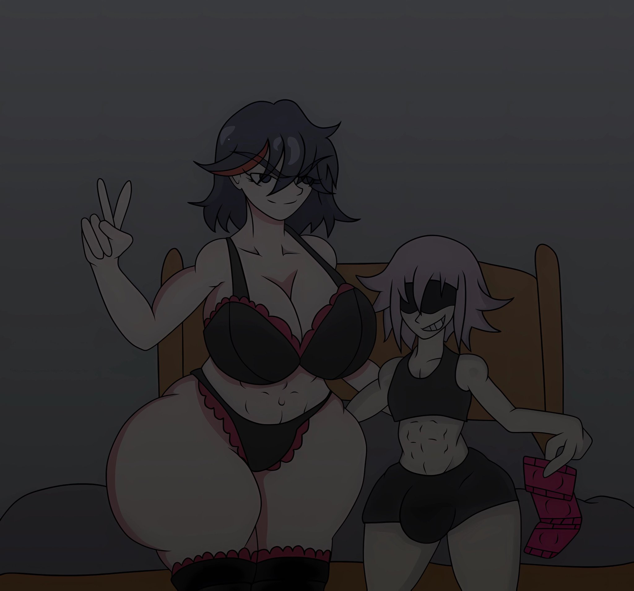 1boy, 1girls, abs, ass, bed, big ass, big breasts, black hair, bra, breasts, bubble ass, bubble butt, bulge, bulge through clothing, cleavage, condom, condom wrapper, crona (soul eater), crossover, female, femboy, femboy on female, imminent sex, kill la kill, leolockhartsummers, male, male/female, matoi ryuuko, panties, pink hair, short hair, smile, soul eater, straight, thick thighs, wide hips