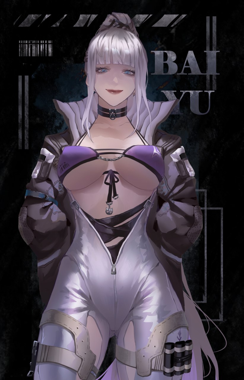 asian_female bai_yi_(path_to_nowhere) bodysuit butt_from_the_front choker cleavage female hands_in_pockets jacket non-nude path_to_nowhere purple_bra silver_hair smug underboob unzipped unzipped_bodysuit white_skin