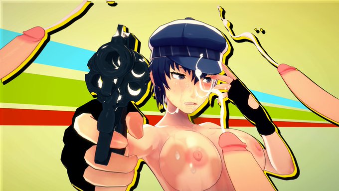 1girls 3boys 3d aiming aiming_at_viewer areolae blue_hair blue_hair_female blue_hat blue_pupils breasts bukkake cum cum_on_breasts cum_on_face detective dussopsfables female fingerless_gloves firearm grossed_out gun handgun handwear headwear human koikatsu large_breasts large_tits looking_away male megami_tensei multiple_penises nipples pale_skin penis persona persona_4 pointing_at_viewer revolver semen shirogane_naoto teenage_girl teenager tomboy weapon yellow_background