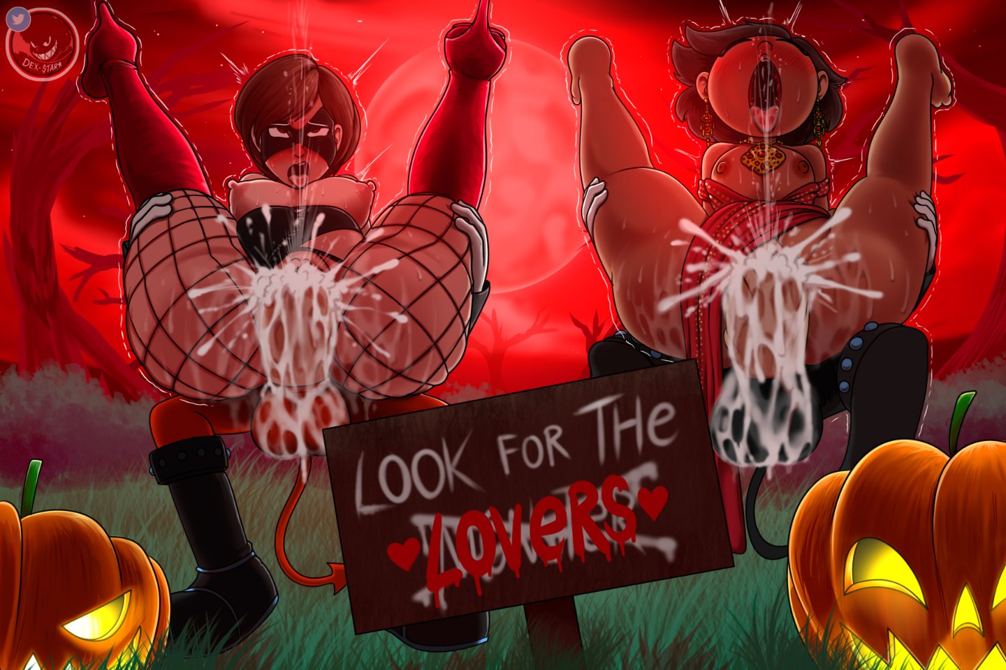 2boys, 2girls, ahe gao, amphibia, anthro, anthro on human, ass, balls, boots, breasts, breasts out, brown nipples, closed eyes, clothed sex, corset, crossover, cum, cum in pussy, defeated, demon, dexstar, dripping cum, ejaculation, elastigirl, female, fetish wear, fishnets, halloween decoration, halloween theme, helen parr, high heels, holding legs, huge ass, huge cock, incubus (project x), incubus corruption (project x), juicy pussy, large balls, legs spread, legs up, loincloth, loincloth aside, looking pleasured, male, mask, mrs. boonchuy, open mouth, orgasm, orgasm face, oum boonchuy, penis, pink nipples, project x love potion disaster, pumpkin, pussy, pussy juice, pussy juice drip, red moon, sonic (series), spade tail, spread legs, squint, squirting, squirting orgasm, standing sex, straight, tan body, the incredibles, thick thighs, tongue, tongue out, vaginal penetration