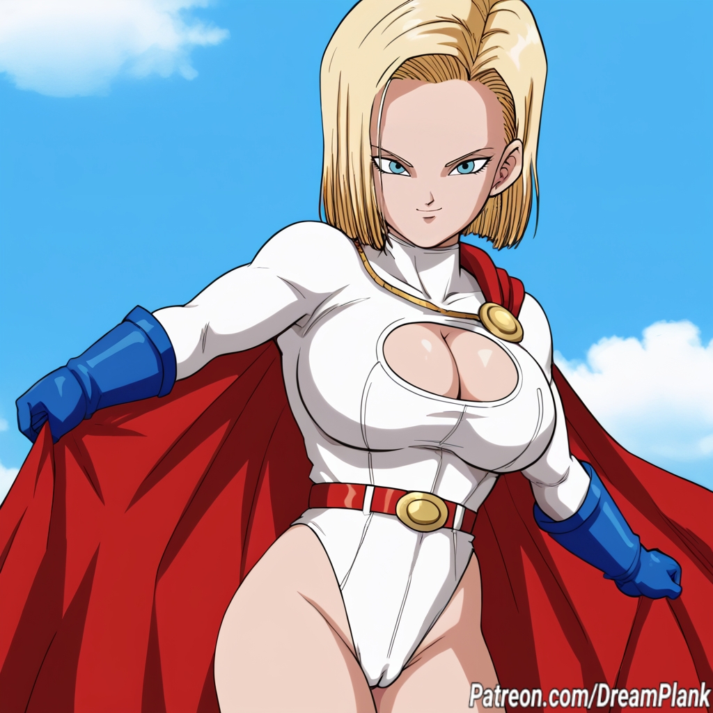 1girls ai_generated android_18 blonde_hair blue_eyes boob_window busty cameltoe cape cleavage cosplay crossover dragon_ball dragon_ball_z dreamplank large_breasts light-skinned_female light_skin outdoors power_girl_(cosplay) superhero