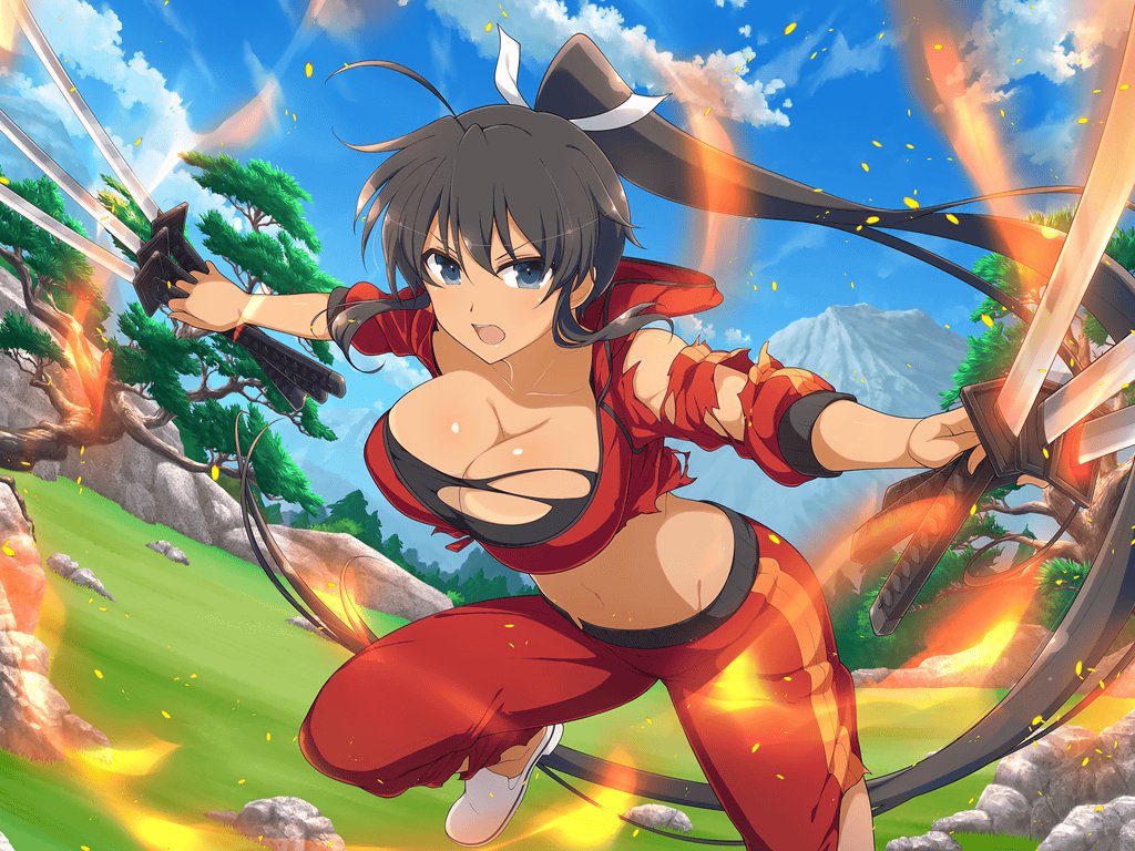 attack bare_shoulders black_hair black_sports_bra blue_eyes blush body_blush bonsai boulder bra breasts cleavage dark-skinned_female dark_skin female field fire forest grass groin hair_ribbon high_ponytail holding holding_sword holding_weapon homura_(senran_kagura) hood hooded_jacket jacket katana large_breasts linea_alba long_hair looking_at_viewer mountain mountainous_horizon multiple_swords nature navel official_alternate_costume official_art pants plant ponytail red_track_suit ribbon rock senran_kagura senran_kagura_shoujo-tachi_no_shin'ei solo sports_bra sword tan tanlines torn_bra torn_clothes torn_pants torn_sleeve torn_sports_bra track_jacket track_pants tree tsuba_(guard) tsuka-ito underwear very_long_hair weapon white_footwear white_ribbon yaegashi_nan