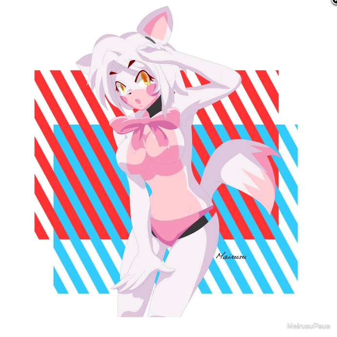 animatronic bow_tie breasts female female_only five_nights_at_freddy's five_nights_in_anime fox fur legs looking_at_viewer mairusu-paua mangle_(fnaf) mechanical open_mouth pink_panties robot solo tail white_background white_fur white_hair yellow_eyes