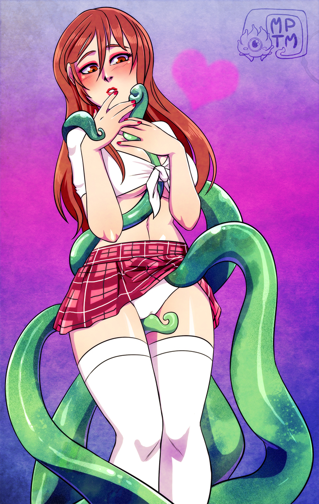 1girls, blush, breasts, brown eyes, brown hair, cleavage, consensual tentacles, female, female focus, long hair, my pet tentacle monster, panties, pleated skirt, rubbing, skirt, skirt lift, standing, tentacle, tentacle between breasts, tentacles under clothes, thighhighs, underboob