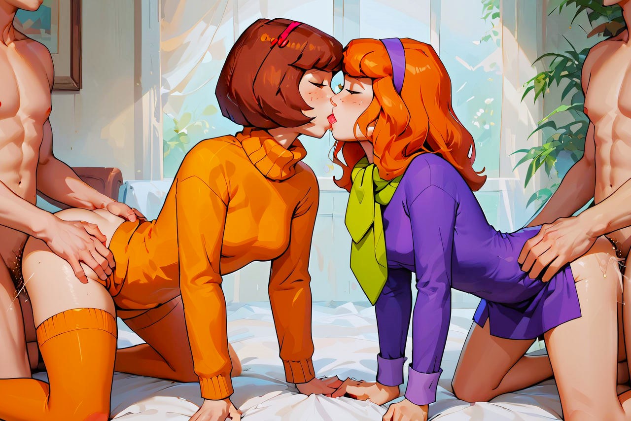 ai generated, ass, daphne blake, female, lesbian kiss, lucasfabian, male, male/female, no panties, pussy, scooby-doo, stockings, vaginal penetration, velma dinkley, yuri