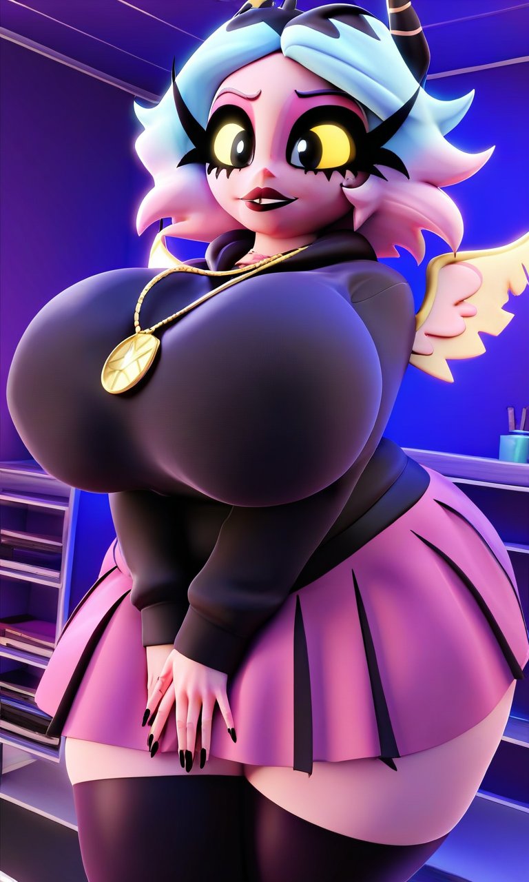 1girls 3d ai_generated big_breasts breasts clothing curvy_female demon demon_girl emberlynn_pinkle emberlynn_pinkle_(human_form) helluva_boss model solo_female thick_thighs varek2045 varek_daemonium_(artist) voluptuous