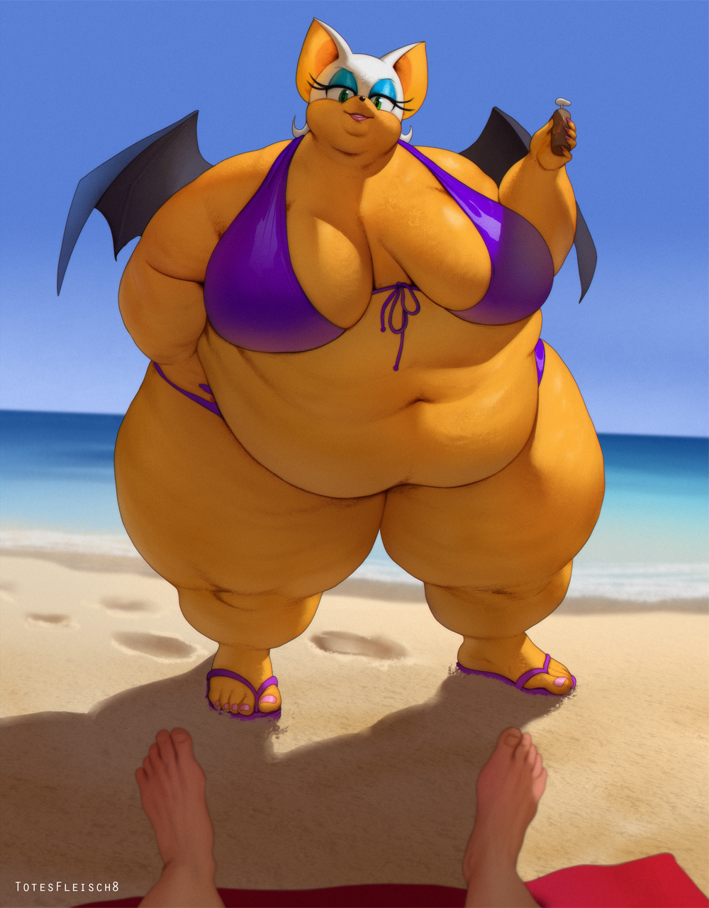 1girls anthro bbw beach bikini fat_arms fat_thighs female female_only huge_breasts huge_thighs overweight overweight_female rouge_the_bat solo solo_female sonic_(series) standing totesfleisch8