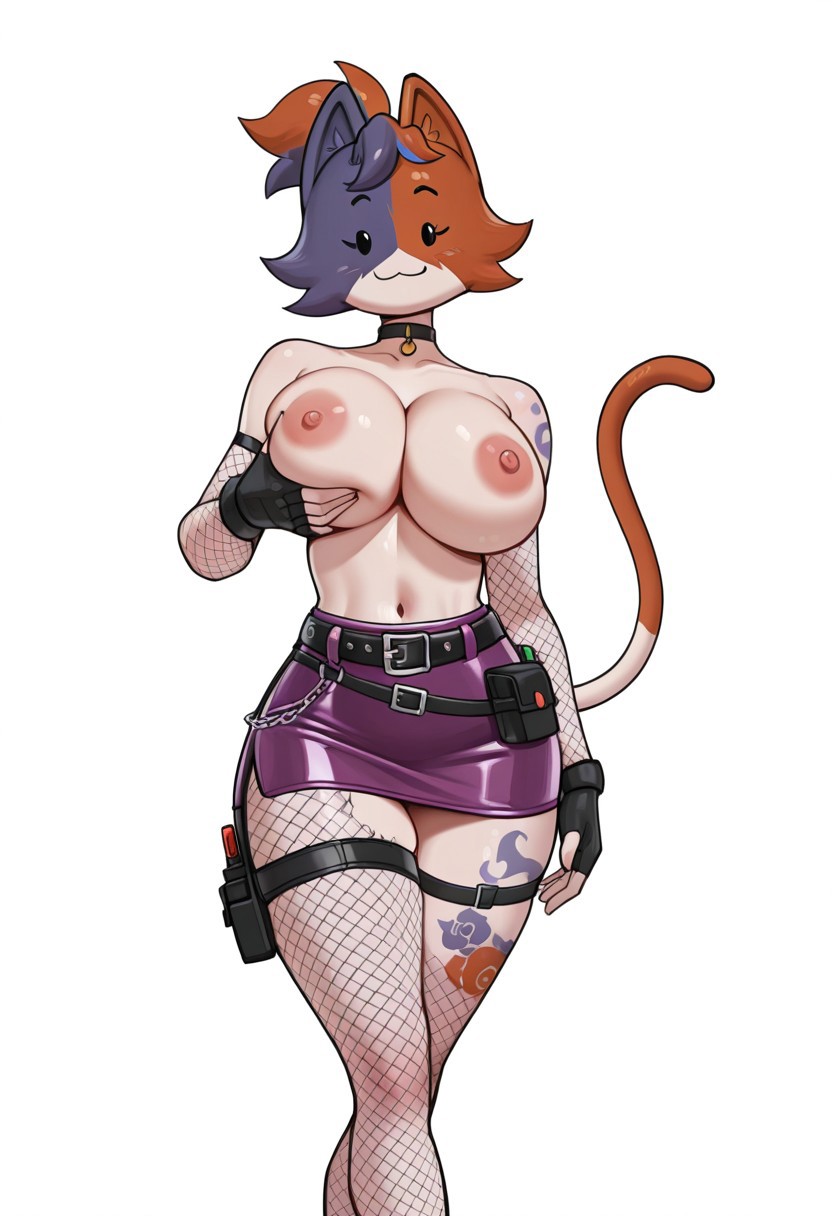ai generated, breasts, cat ears, cat girl, cat tail, cate meowdy (fortnite), catgirl, female, fortnite, holding breast, multicolored fur, skirt, thong