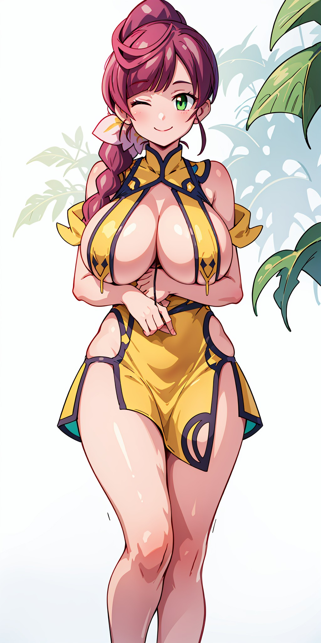 1girls ai_generated bare_shoulders better_version_available big_breasts blue_dress braid braided_hair breasts chinese_clothes chloe_(pokemon) cleavage creatures_(company) dress exposed_shoulders female female_focus female_only flower flower_in_hair gamefreak green_eyes large_breasts long_hair looking_at_viewer nintendo open_mouth pokemon pokemon_journeys purple_hair ryuzam simple_background single_braid solo two_tone_dress white_background white_flower wink yellow_dress