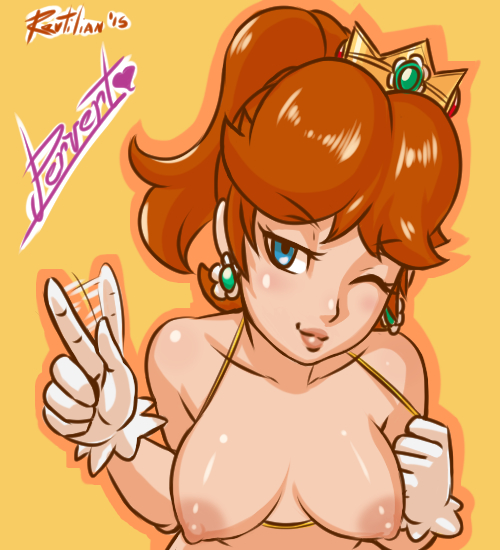 1girls, 2015, areolae, blue eyes, blush, breasts, brown hair, crown, earrings, exposed breasts, eyelashes, female, female only, gloves, half-closed eyes, heart, high ponytail, human, mario (series), nintendo, nipples, one eye closed, ponytail, princess daisy, revtilian, shadow, simple background, smile, solo, text, tied hair, topless, wagging finger, wink, yellow background