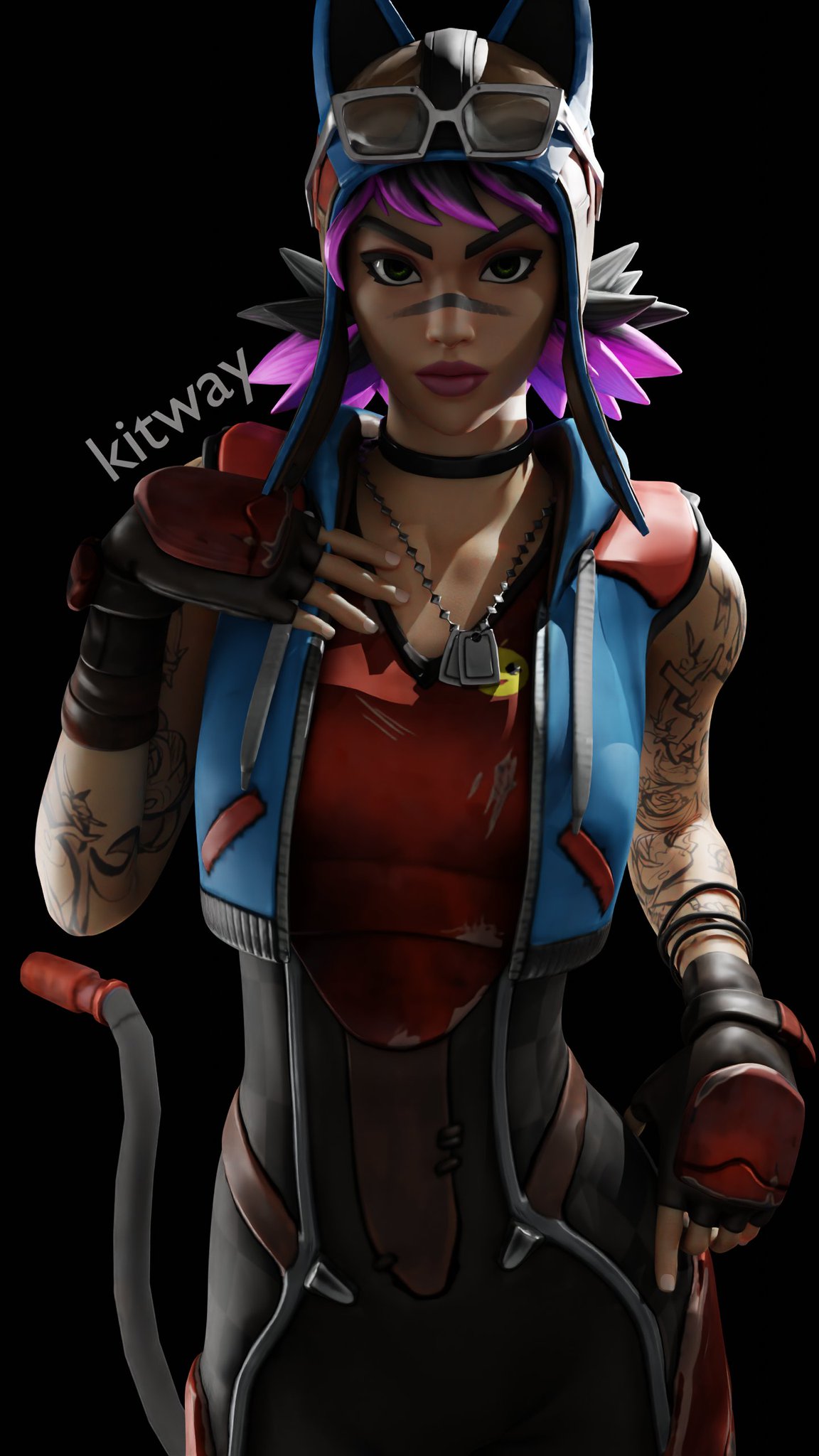 alternate_version_available cat_helmet cat_tail choker clothed clothed_female clothing dog_tags facepaint female female_only fortnite fully_clothed fully_clothed_female hand_over_breast kitway looking_at_viewer multicolored_hair pilot_helmet renegade_lynx safe_for_work solo_female tattoo tattoos