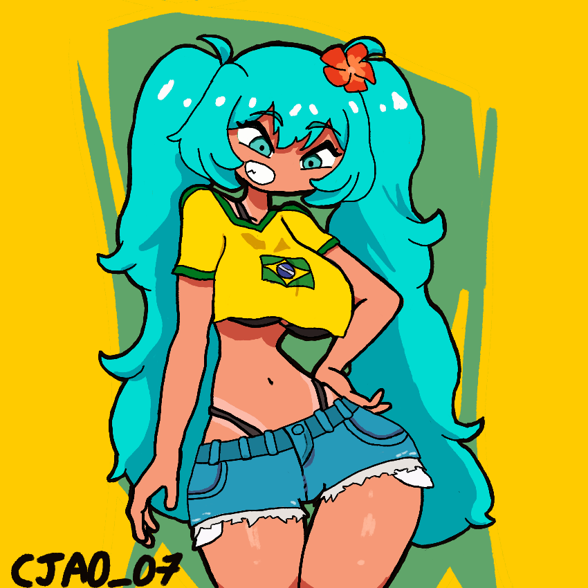 1girls big_ass big_breasts big_butt bikini bikini_top brasilian_artist brazil brazilian brazilian_female brazilian_flag brazilian_miku cjao_07 cyan_eyes cyan_hair fanart female female_only flower gigantic_ass gigantic_breasts gigantic_butt hatsune_miku hips huge_ass huge_breasts huge_butt huge_thighs human long_hair shorts smile smiling t-shirt tan_body tan_skin tanline tanlines thick_thighs thighs twintails vocaloid yellow_t-shirt