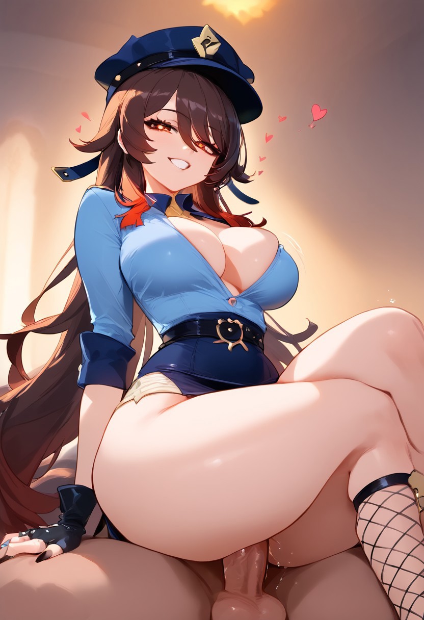 ai generated, big breasts, bottomless, breasts, cowgirl position, crossed legs, female, fishnets, genshin impact, hu tao (genshin impact), legs crossed, looking at viewer, police uniform, smiling, upskirt