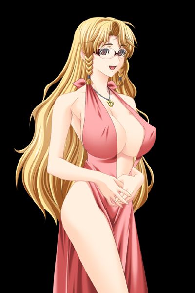 anzai_miki backless_dress backless_outfit blonde_hair center_opening dress game_cg gentle_sasaki glasses high_slit_dress huge_breasts inner_sideboob kansen_(series) kansen_2 long_hair necklace no_bra no_bra_under_clothes pink_dress sideboob