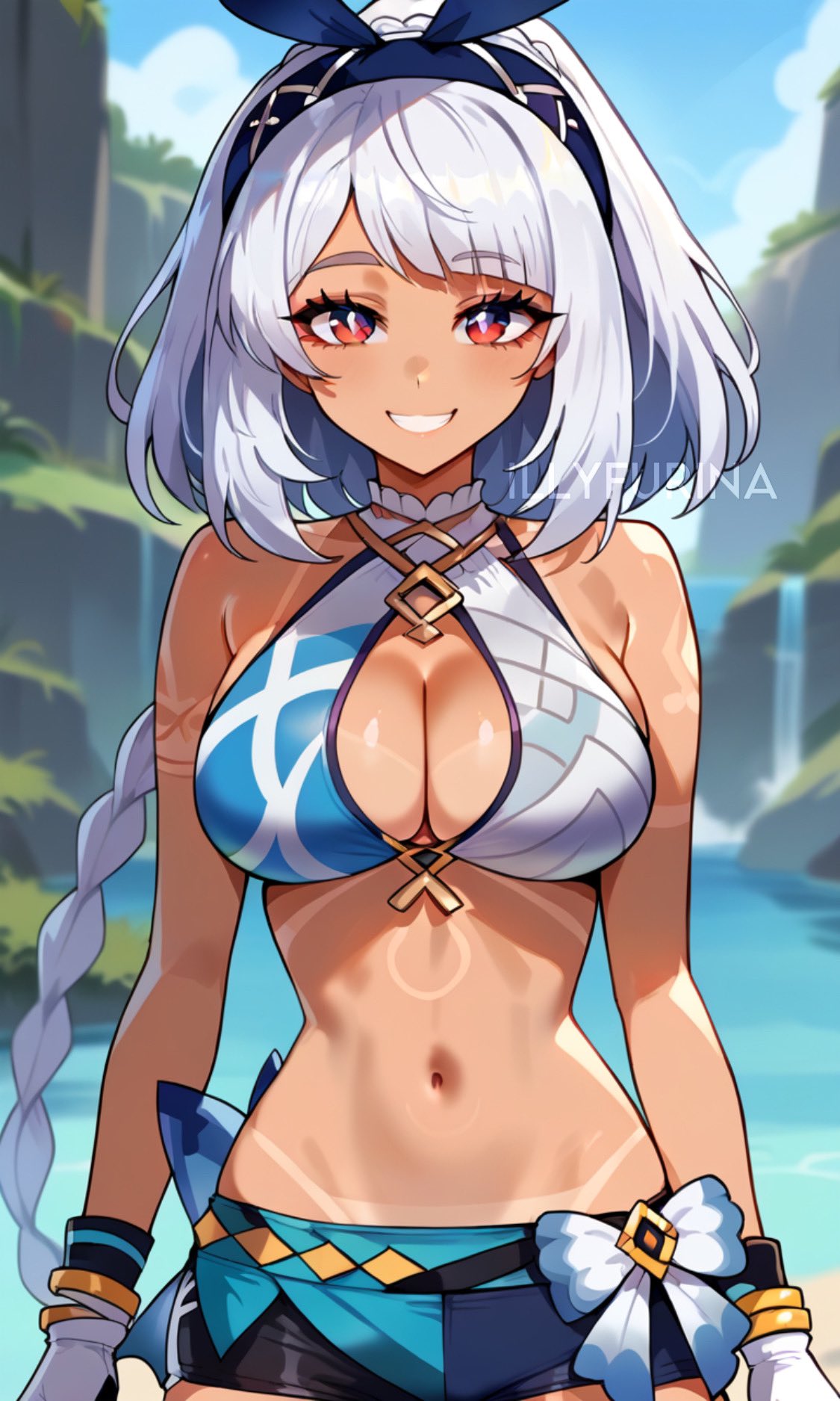 abdomen, ai generated, bangs, bikini, bikini top, braided hair, breasts, brown skin, covered breasts, female, genshin impact, illyfurina, looking at viewer, medium breasts, mualani (genshin impact), natlan girls, navel, pink eyes, seducing, seduction, seductive, seductive body, seductive eyes, seductive gaze, seductive look, seductive mouth, seductive pose, seductive smile, short hair, shorts, skinny, skinny female, skirt, smile, smiling, smiling at viewer, squeezing, stable diffusion, tan body, tattoos, teeth, twintails, waifu diffusion, watermark, white hair
