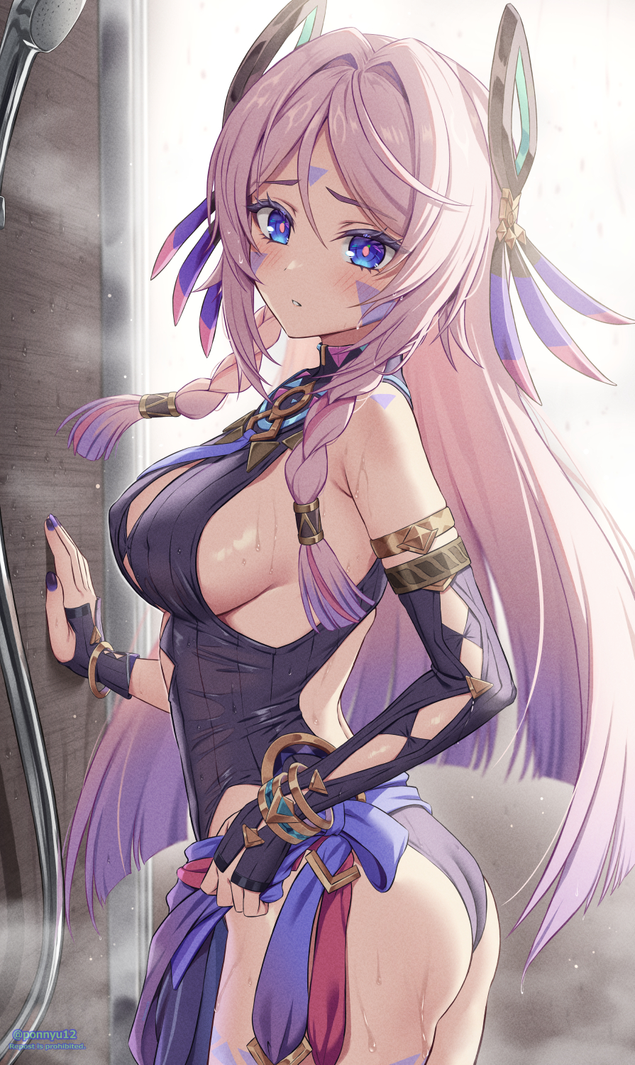 ass bare_shoulders black_leotard blue_eyes blush bracelet braid breasts citlali_(genshin_impact) cowboy_shot detached_sleeves facial_mark female forehead_mark genshin_impact highres jewelry large_breasts leotard long_sleeves looking_at_viewer nail_polish parted_lips pink_hair ponnyu12 purple_nails shower_head sideboob solo standing twin_braids