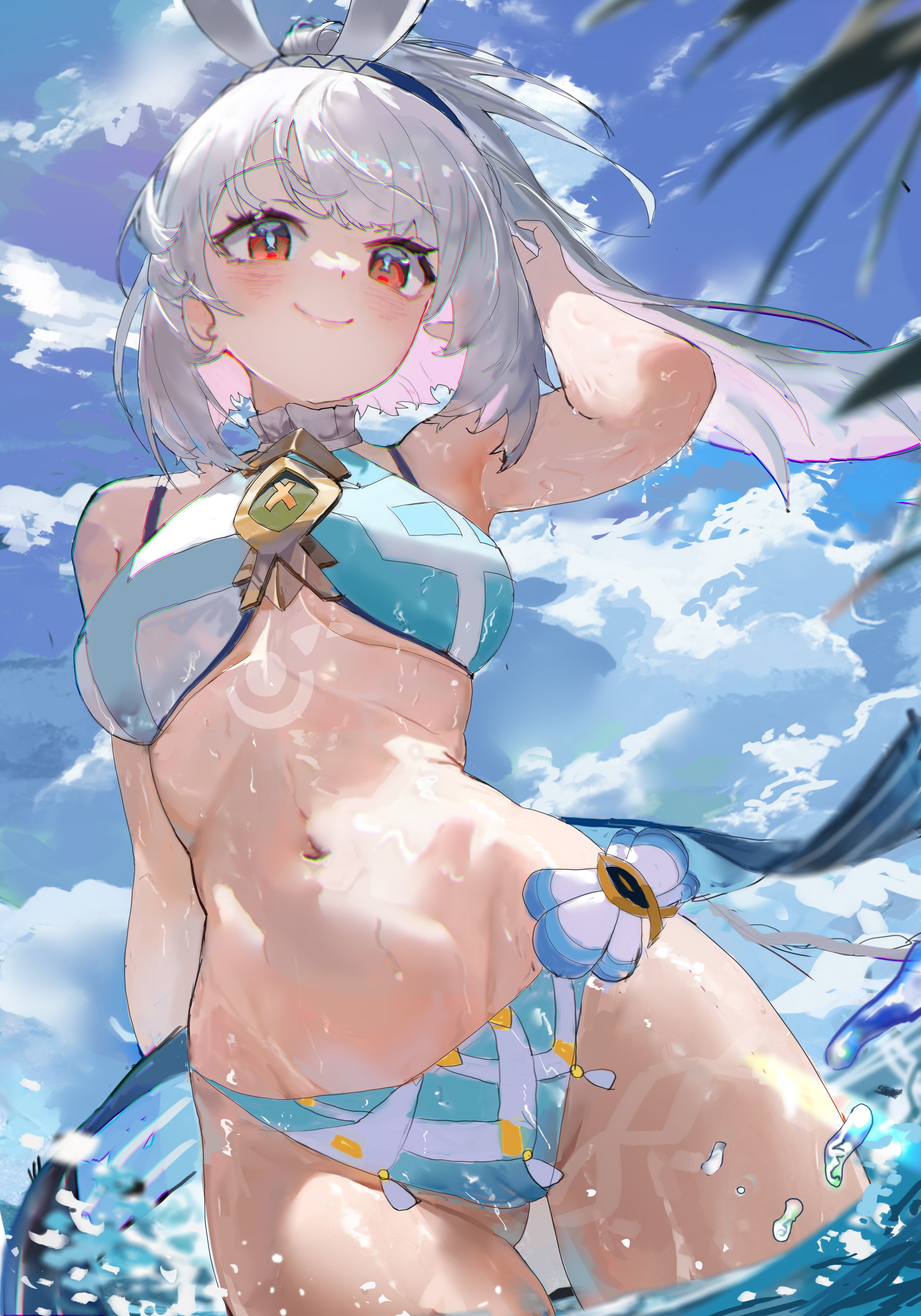 1girls, 2024, 2d, 2d (artwork), artist request, belly button, blue swimsuit, breasts, clouds, day, female, female focus, female only, front view, genshin impact, high heels, high resolution, highres, light skin, light-skinned female, long hair, looking at viewer, medium breasts, mualani (genshin impact), navel, orange hair, outdoors, sky, slim female, smiling, smiling at viewer, solo, solo female, solo focus, standing, standing in water, swimsuit, thong, thong bikini, two piece swimsuit, water, wet, wet body, white hair, young, younger female