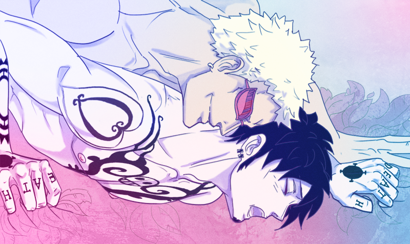 2boys anal black_hair black_hair_bottom blonde_hair blonde_hair_on_black_hair blonde_hair_top domination donquixote_doflamingo forced gay light_hair_on_dark_hair magic male male_only multiple_boys nude one_piece restrained sex shichibukai tattoo trafalgar_law yaoi