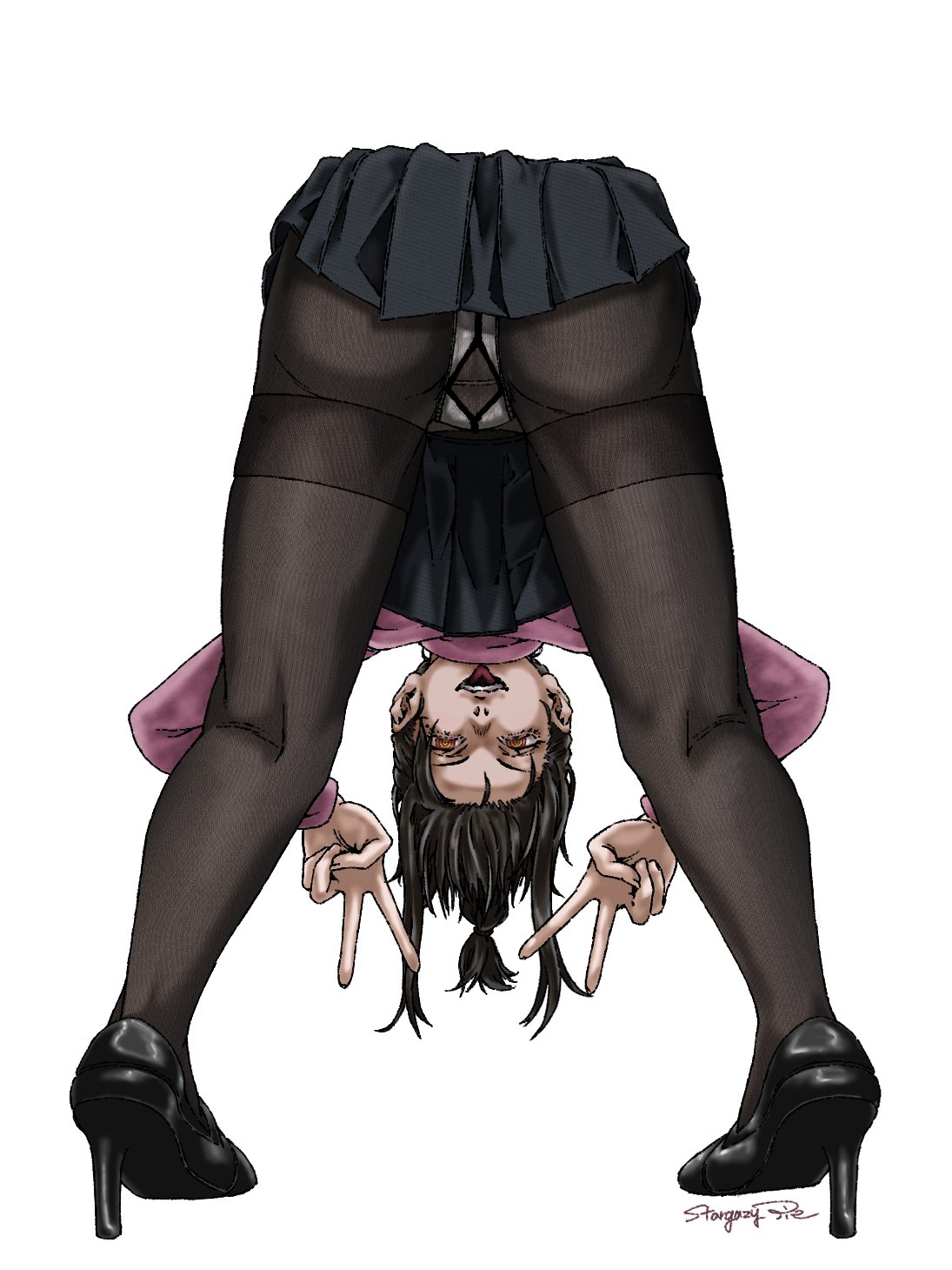 bending over, chainsaw man, heels, hind legs, looking at viewer, nayuta (chainsaw man), pantyhose, peace sign, skirt, skirt up, stargazypie, tounge out