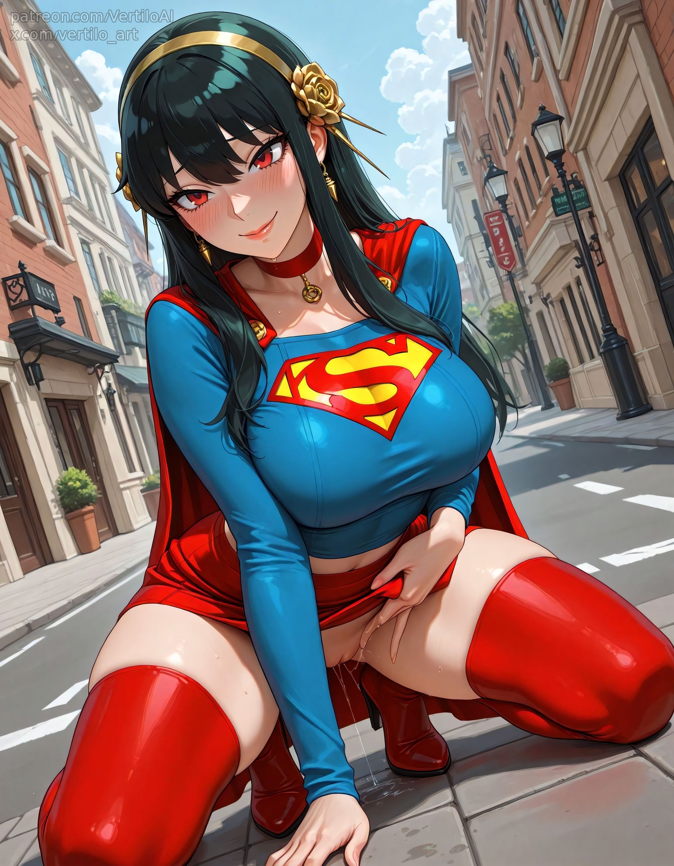 1girls, ai generated, blush, breasts, cosplay, female, female only, halloween, halloween costume, large breasts, pussy, pussy juice, smile, spy x family, squatting, supergirl (cosplay), thighhighs, vertiloart, yor briar
