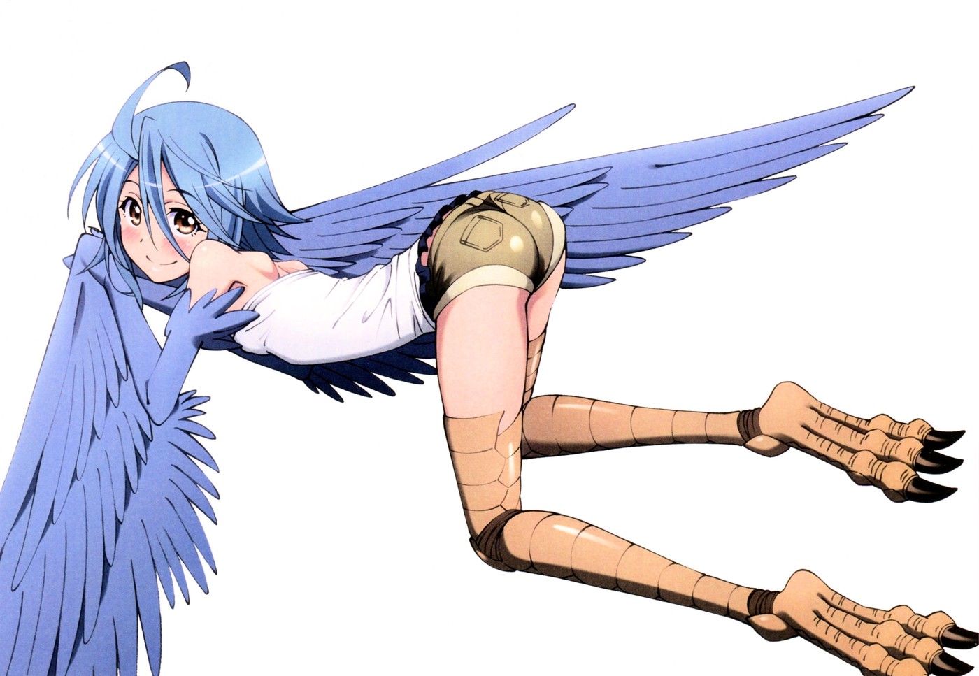 1girls, ass, blue hair, blush, female, harpy, high resolution, monster girl, monster musume no iru nichijou, papi (monster musume), short hair, shorts, smile, solo, wings
