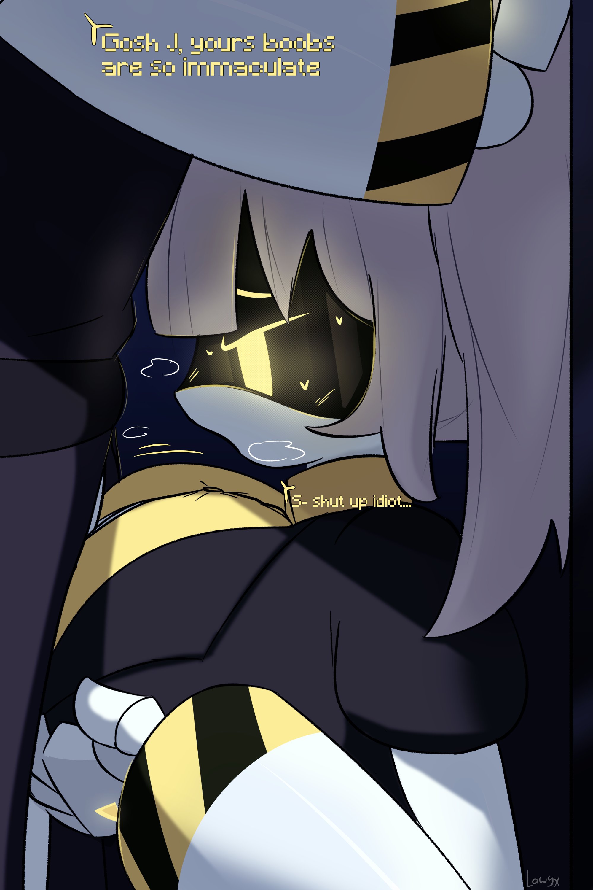 1boy, 1girls, big breasts, blush, blushing female, breasts, clothing, dialogue, female, glitch productions, heart, j (murder drones), lawgx, male, male/female, murder drones, n (murder drones), paizuri, private room, robot, robot boy, robot girl, robot humanoid, silver hair, sweat, sweatdrop, titjob, yellow eyes