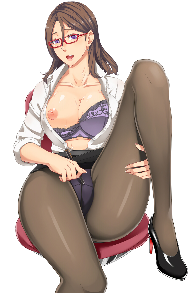 1girls, big breasts, breasts, brown hair, female, female only, glasses, pantyhose, solo, teacher