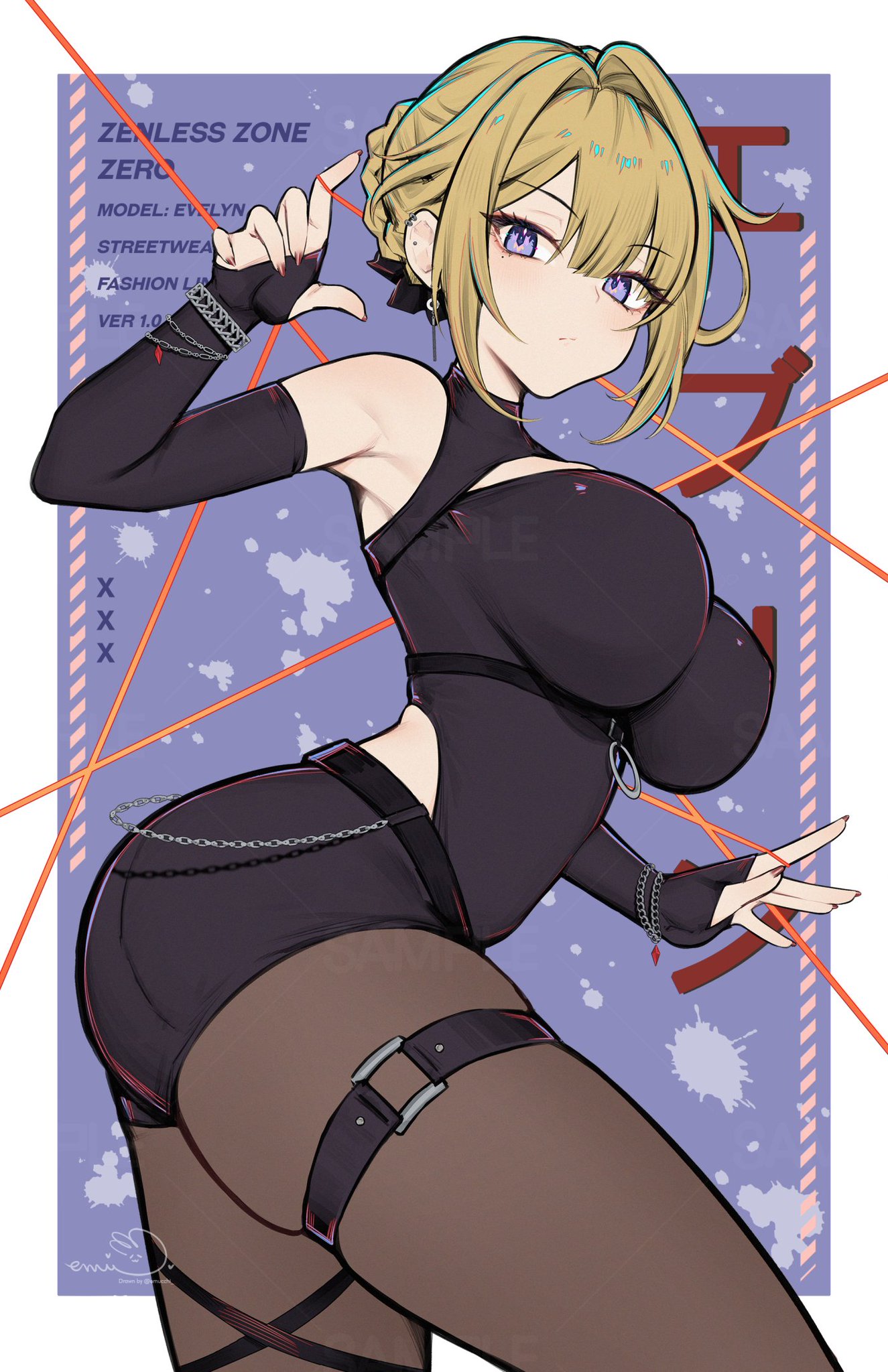 1girls, 2025, alternate costume, ass, black shorts, black topwear, blonde, blonde female, blonde hair, blonde-haired female, bracelet, bracelets, breasts, brown legwear, brown pantyhose, chains, clothed, clothed female, digital drawing (artwork), digital media (artwork), ear piercing, ear ring, earrings, emucchi, evelyn chevalier, fair skin, fair-skinned female, female, female focus, female only, fingerless gloves, from side, hair, hair bun, large breasts, legwear, light skin, light-skinned female, pantyhose, pantyhose under shorts, pinup, pose, posing, purple eyes, shorts, simple background, sleeveless, sleeveless shirt, solo, solo female, solo focus, streetwear, tagme, thigh strap, thighs, topwear, zenless zone zero