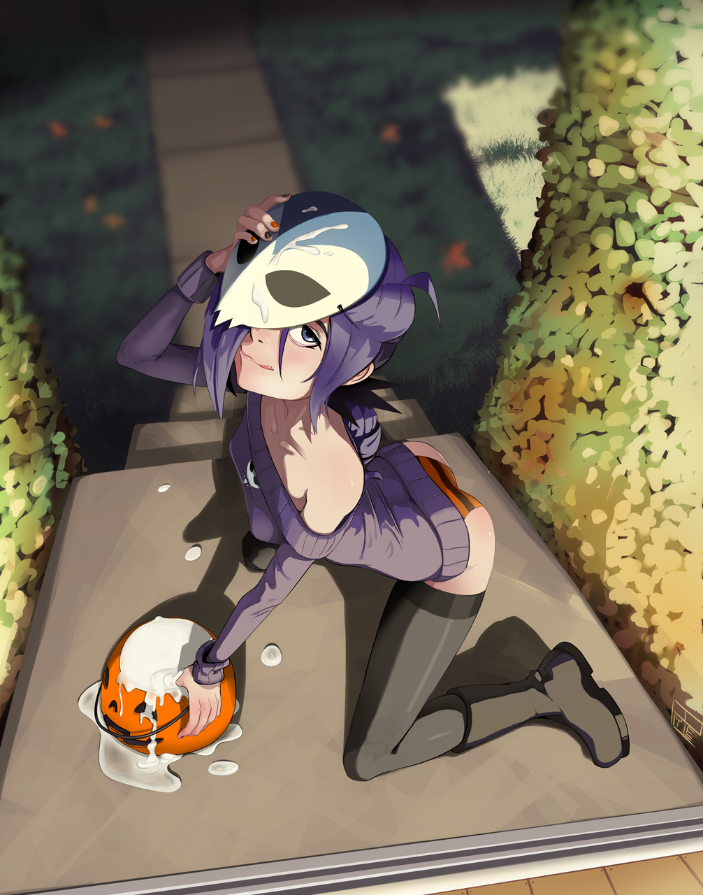 1girls 2015 ahoge ass blue_eyes boots braid bucket bukkake clothed cum cum_bucket cum_in_container excessive_cum female female_only halloween jack-o'-lantern kneeling licking_lips looking_at_viewer mask nail_polish original original_character panties polyle purple_hair solo striped striped_panties sweater thigh_highs tied_hair tongue trick_or_treat zone-tan