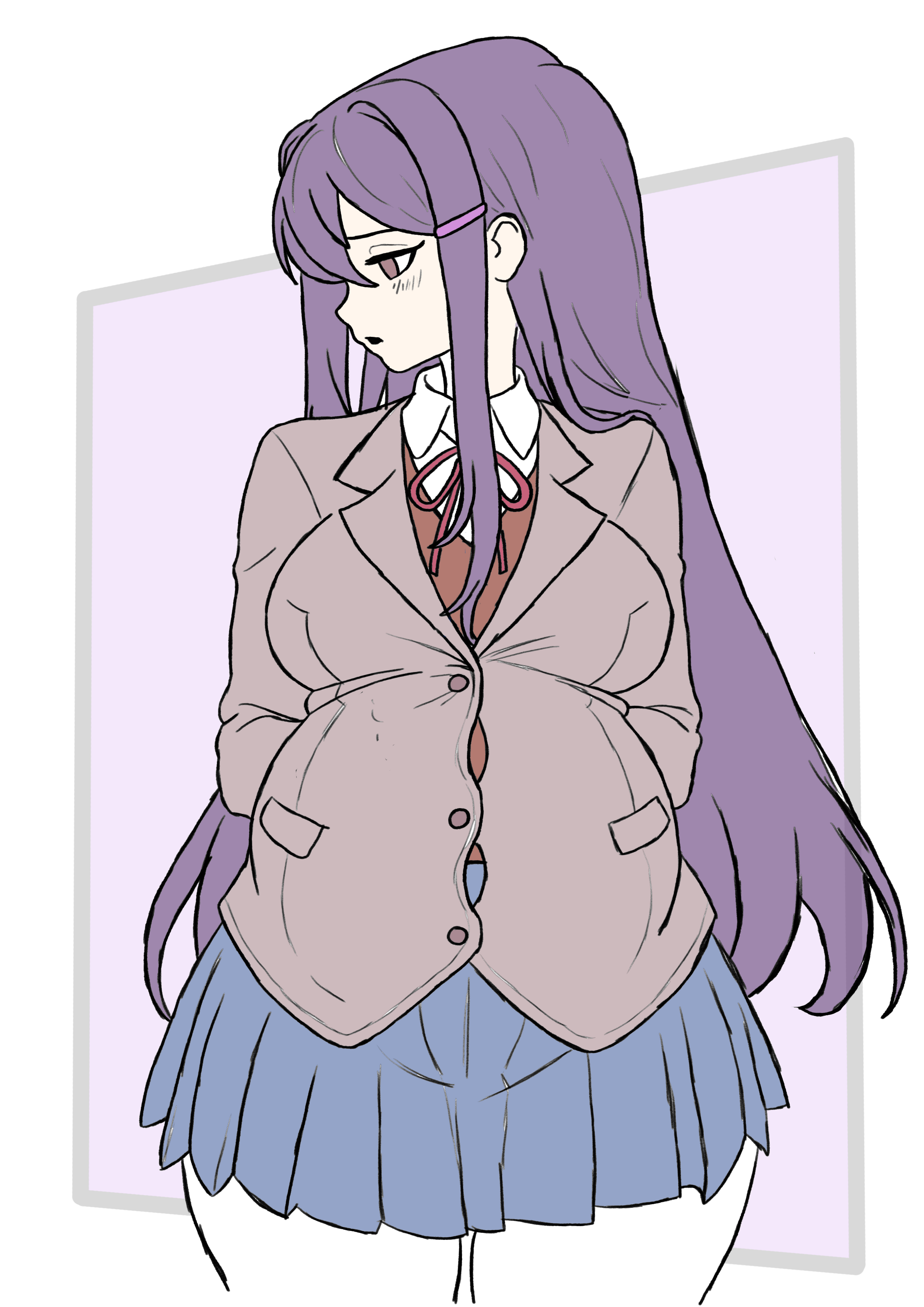 1girls, arrowdark, big belly, big breasts, bloated belly, blush, breasts, chubby, chubby female, clothing, cute face, doki doki literature club, female, female only, long hair, pregnant, pregnant female, purple eyes, purple hair, school uniform, shy, solo, thick thighs, tight clothes, tight clothing, tight fit, yuri (doki doki literature club)