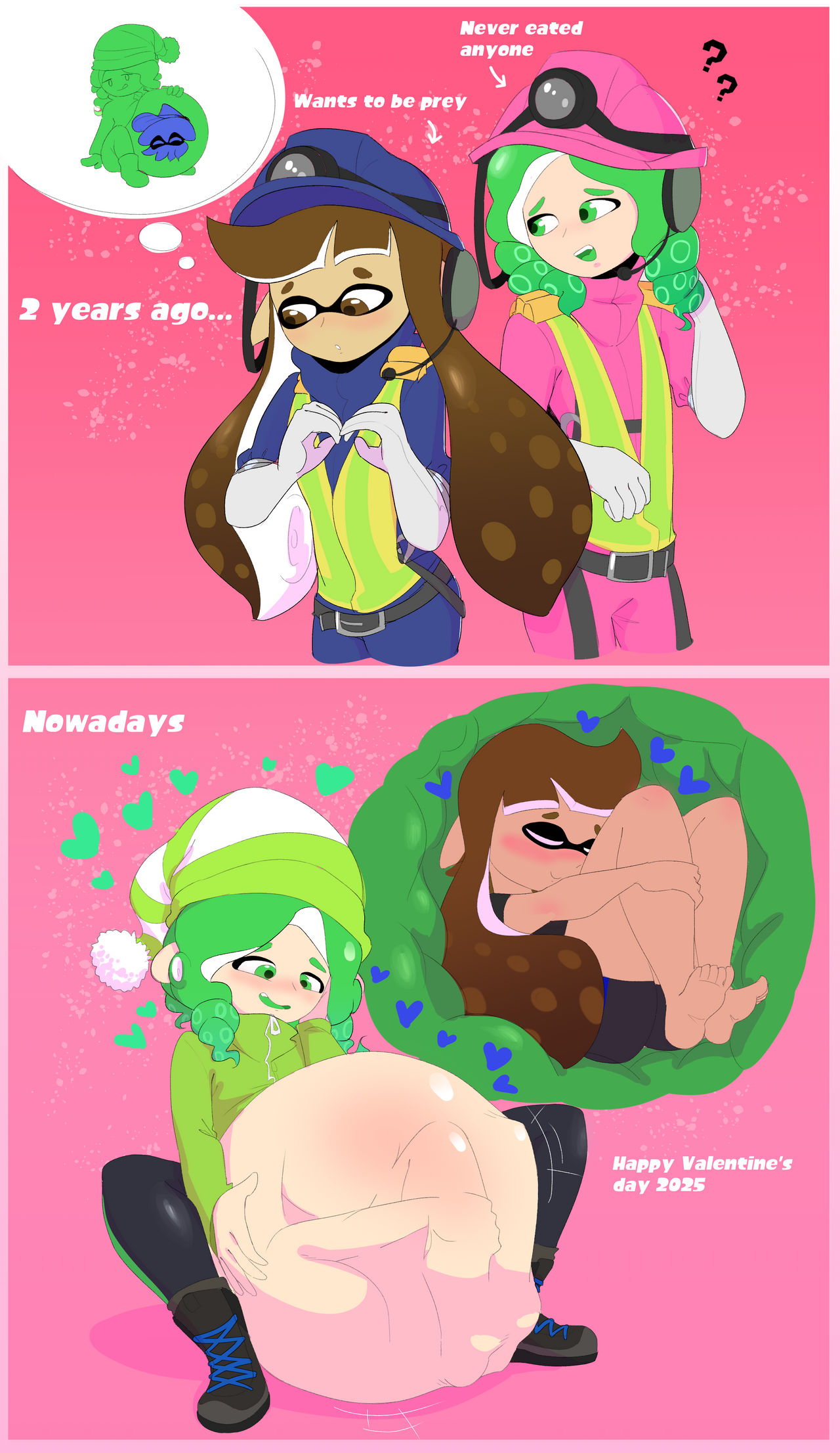 breasts inkling inkling_girl octoling octoling_girl safe_vore same_size_vore soft_vore splatoon valentine's_day vore wholesome willing_prey