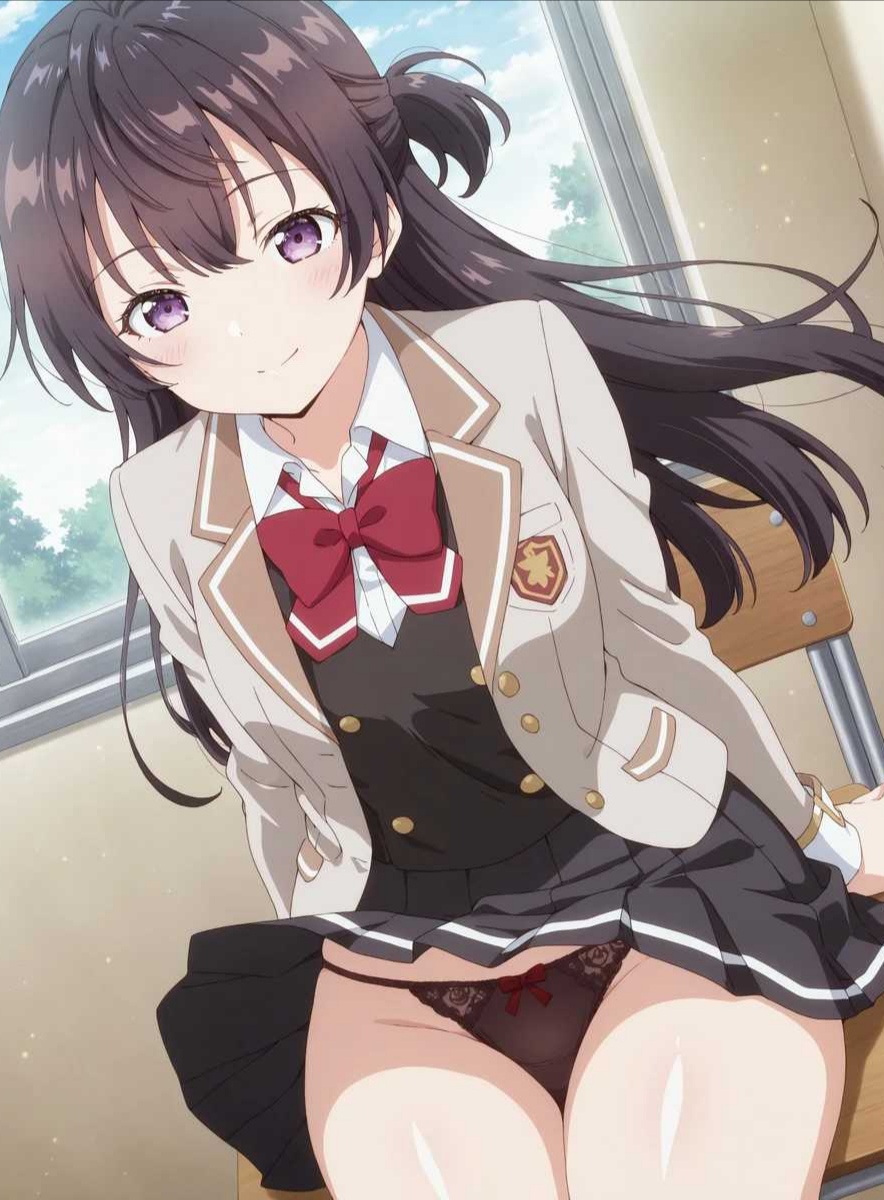 1girls, ai generated, black panties, female, panties, school uniform, sitting, skirt up, suou yuki, tokidoki bosotto russian de dereru tonari no alya-san