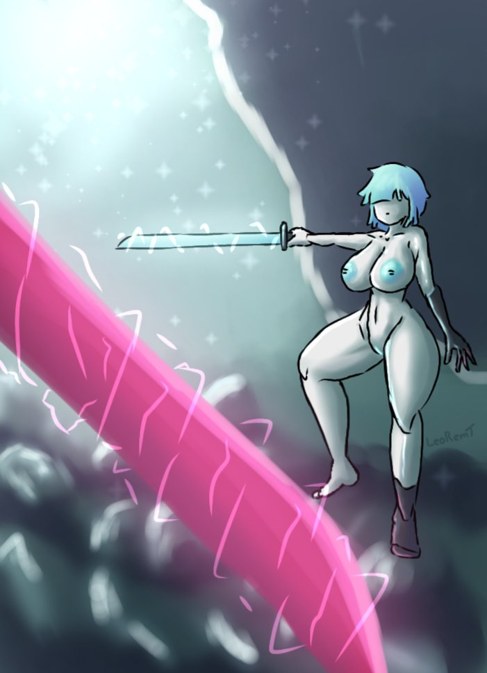 blue_hair blue_lipstick blue_nipples hair_over_eyes huge_breasts large_breasts leoremt naked naked_female pale_skin poker_face rem_(leoremt) short_hair sword torn_clothing white_skin