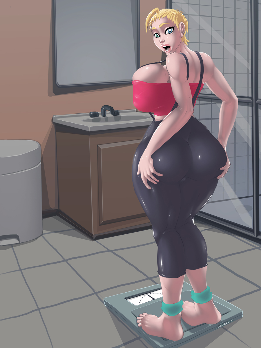 ass, ass grab, big ass, big breasts, blonde hair, breasts, bursting breasts, emma hugaz, fanart, female, huge ass, huge breasts, pants, solo, spandex, velvet city (shiin), xxxbattery