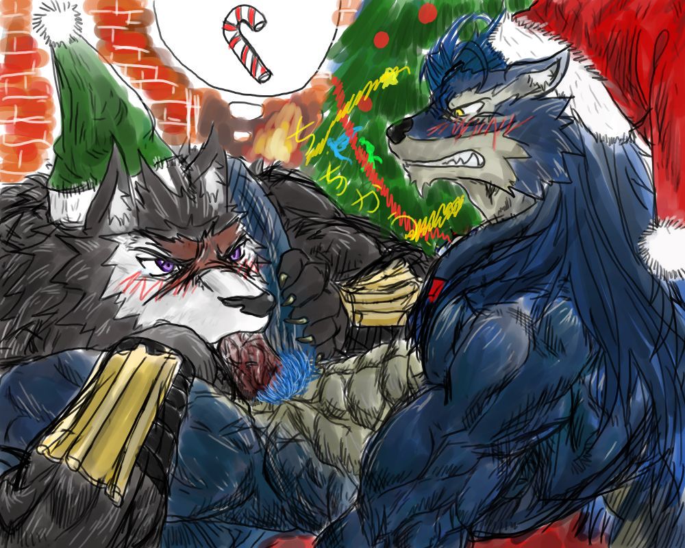 abs anthro armor big_muscles blue_fur blush brick candy candy_cane canine christmas claws duga duo ear_tuft erection eurobeat facial_scar food fur gauntlets grey_fur grin hair hair_tie hat holidays japanese_text long_hair lying male mammal muscular oral_sex pubes pubic_hair purple_eyes rouen scar shining_(series) shining_force_exa shining_wind sketchy tagme text thought_bubble tree tuft video_games white_fur wolf yaoi yellow_eyes