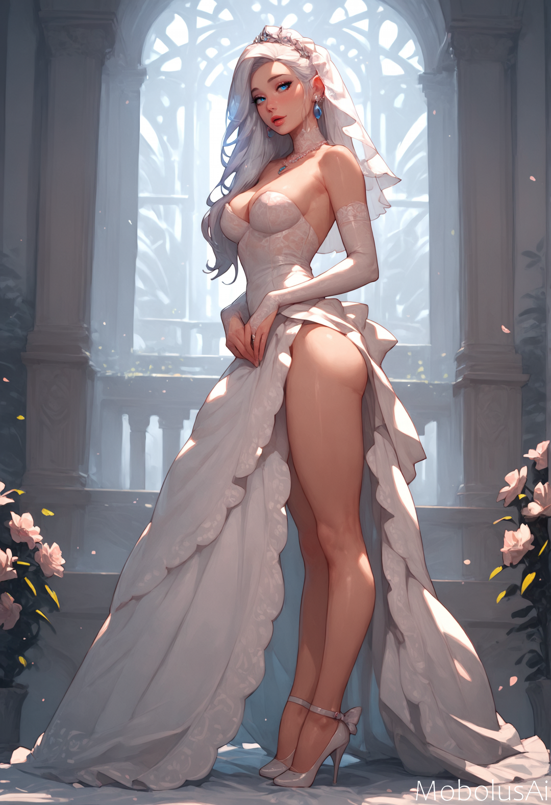 ai generated, ashe (league of legends), bride, female, high heels, league of legends, looking at viewer, mobolusai, thighs, thighs together, wedding dress, white body, white dress, white hair, white skin