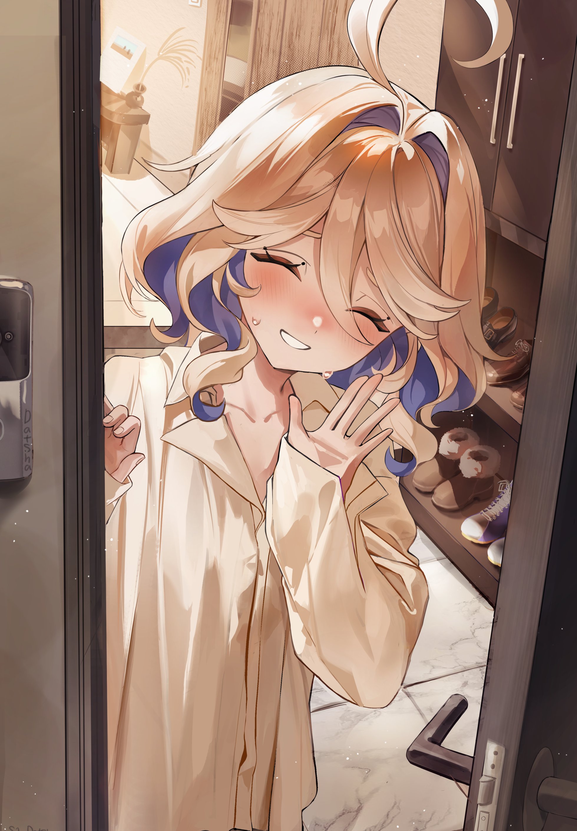 1girls, blue eyes, blush, closed eyes, door, female, furina (genshin impact), genshin impact, pajamas, smile, solo, waving, waving at viewer, white hair