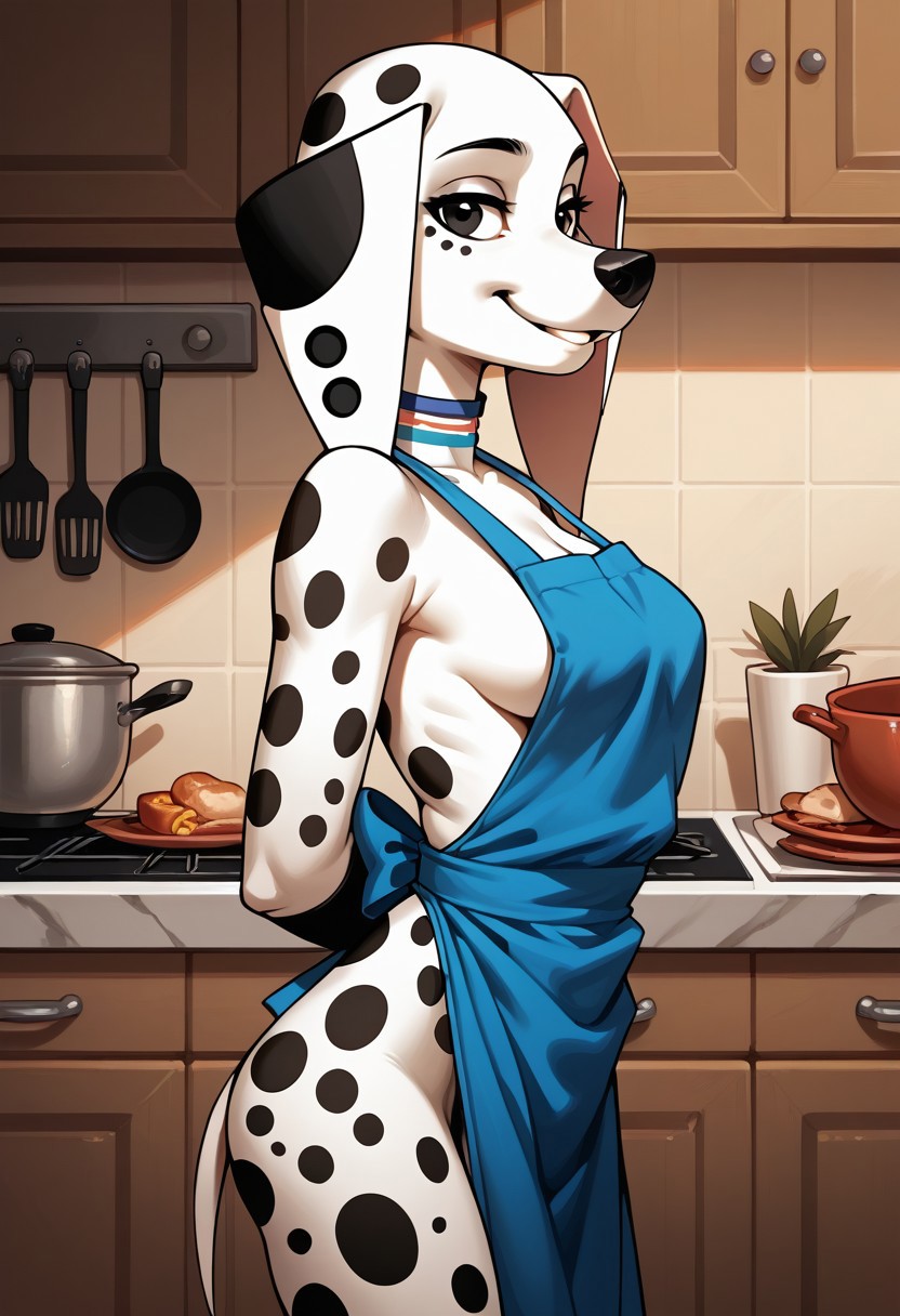 101_dalmatian_street adult ai_generated apron apron_only civitai disney dolly_(101_dalmatians) kitchen looking_at_viewer no_clothes side_view smile smiling smiling_at_viewer