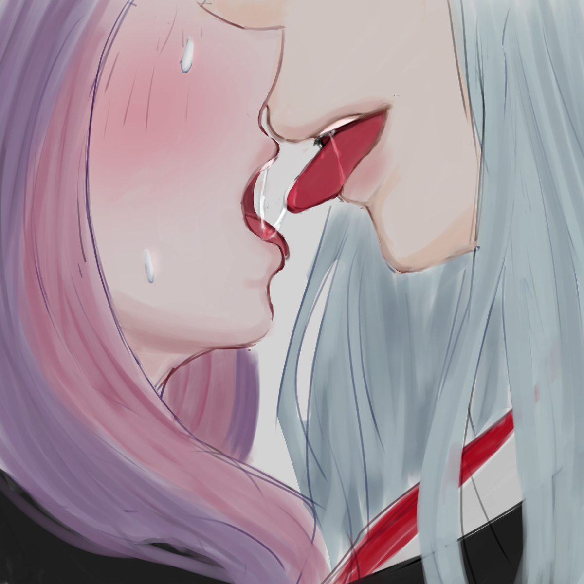 2girls, angela (lobotomy corporation), blue hair, employee (lobotomy corporation), female, female focus, female only, genuinely the hottest thing ive ever seen ever, kissing, lobotomy corporation, long hair, original character, pale-skinned female, project moon, purple hair, ten oekaki, tongue, yuri
