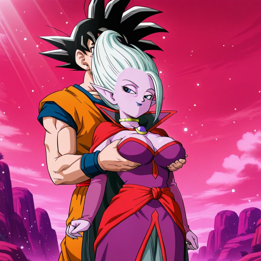 ai_generated big_breasts blue_tongue breasts cute_face dr._arinsu dragon_ball dragon_ball_daima dragon_ball_super dragon_ball_z glind goku grabbing_breasts groping_breasts large_breasts lipstick makeup nail_polish outside purple_eyes purple_skin saiyan seductive_smile sexy smile son_goku villain white_hair