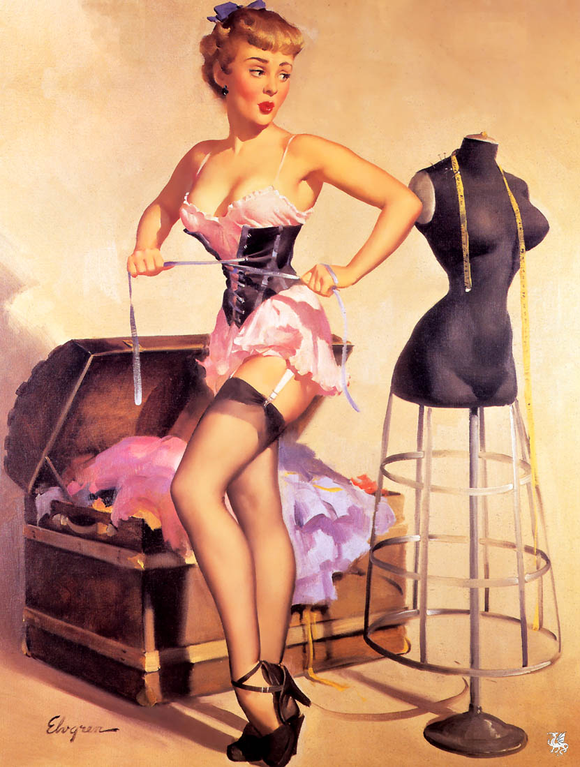 20th_century corset female gil_elvgren mannequin measuring_tape painting_(artwork) pin-up pinup tight_corset traditional_media_(artwork) trunk vintage