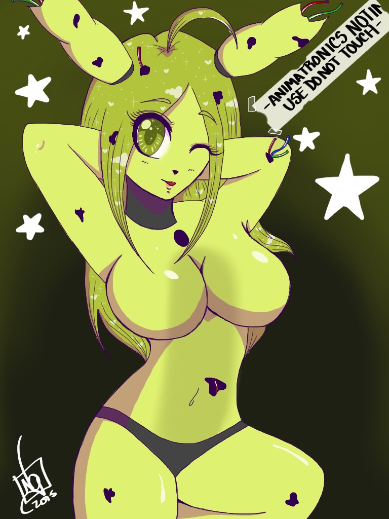 animatronic black_panties breasts female five_nights_at_freddy's five_nights_in_anime fur green_eyes large_breasts long_hair looking_at_viewer mairusu-paua mechanical panties robot rule_63 solo springtrap springtrap_(fnaf)