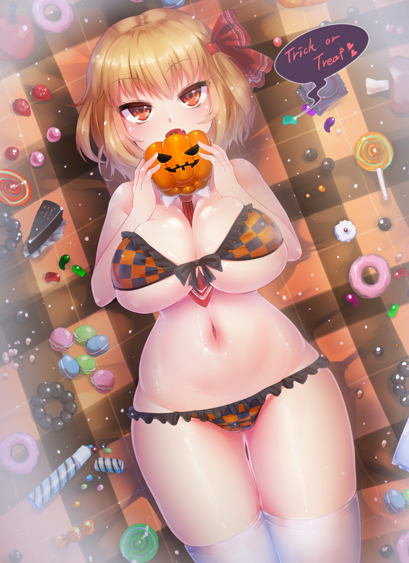 belly between_breasts bikini blonde_hair breasts cake candy checkered checkered_bikini condom cute_fang doughnut doyouwantto english_text female food fruit hair_rings halloween jack-o'-lantern large_breasts legwear lollipop looking_at_viewer lying macaron meat navel necktie necktie_between_breasts on_back open_mouth red_eyes rumia short_hair skindentation solo stockings strawberry swimsuit text thighhighs thighs tie touhou trick_or_treat underboob white_legwear