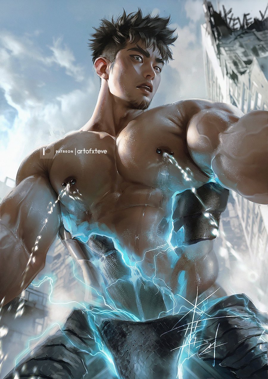 2024 abs areola artist_name biceps black_body black_hair black_scales blue_sky bodily_fluids destroyed_building electricity facial_hair goatee hair hi_res human humanoid kafka_hibino kaiju kaiju_no.8 kaiju_no.8_(kafka) lightning low-angle_view male male_only mammal muscular muscular_human muscular_humanoid muscular_male patreon patreon_logo pecs pee_from_nipples scales sky solo sweat text transformation transformation_sequence urination urination_from_nipples vein veiny_muscles worm's-eye_view xtevestrange