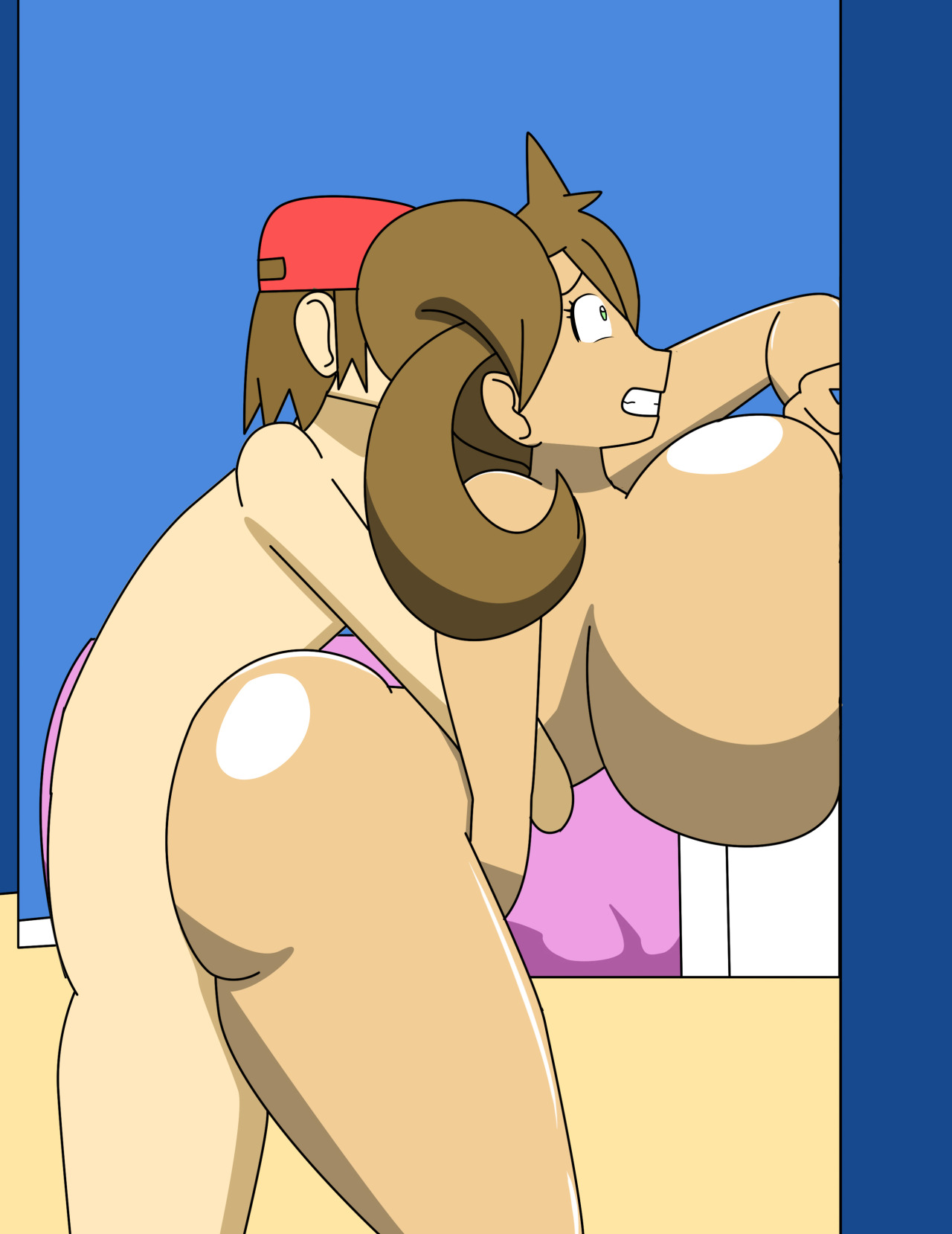 1boy, 1girls, against glass, ass, barefoot, breast press, breasts, brown hair, calem (pokemon), clenched teeth, dark skin, female, from behind, gigantic breasts, green eyes, hat, huge ass, huge breasts, human, human only, igphhangout, large breasts, male, nipples, penetration, pokemon, pokemon xy, pussy, quad tails, sex, shauna (pokemon), thick thighs, tied hair, twintails, vaginal penetration