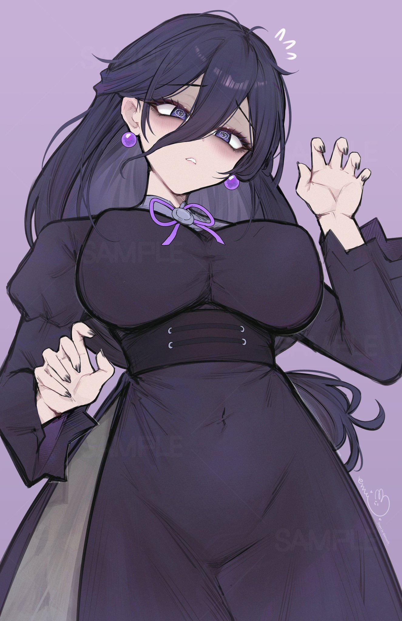 1girls, black nails, breasts, clothed, clothing, dress, earrings, emucchi, female, fully clothed, game freak, hands up, hex maniac, hex maniac (pokemon legends: z-a), highres, long hair, low-angle view, nintendo, pokemon, pokemon legends: z-a, purple background, purple eyes, purple hair, purple theme, suprised, tagme, tight clothing, watermark